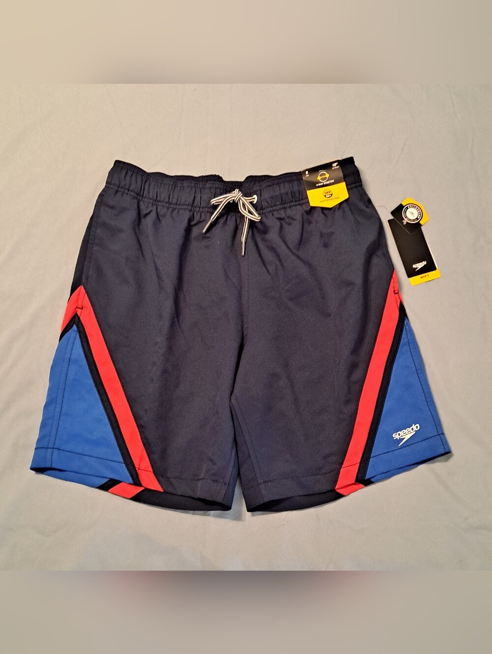 Speedo Men's Navy Athletic Swim Shorts with Red & Blue Panels Size Small